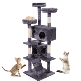 Cat Tree Cat Tower With Catching Ball, Plush Mat, Ladder And Indoor Cat Apartment, Gray