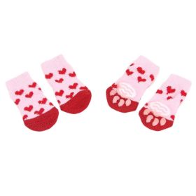 4 Pcs Dog Knit Socks with Pink & Red Hearts - Paw Protection for Indoor Use