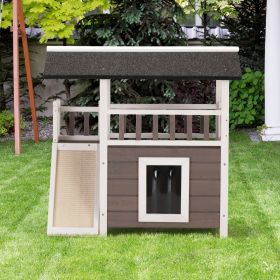 2-Tier Outdoor Wooden Dog House - Weatherproof with Balcony & Scratching Pad (Gray & White)