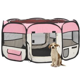 Foldable Dog Playpen with Carrying Bag (Pink, 57.1"x57.1"x24")