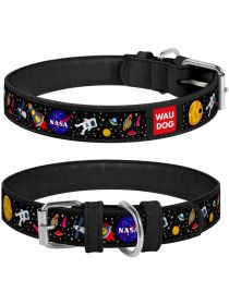 Leather Dog Collar with NASA Design for Medium and Small Dogs (8-11 inch Neck)