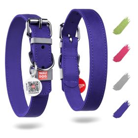 Long-Lasting Genuine Leather Dog Collar with Durable Metal Buckle & QR Tag (12-15 Inch Neck, 4/5 Inch Wide, Purple)