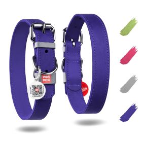 Blue Leather Dog Collar – Adjustable Durable Collar with Metal Buckle & QR Tag (7-10 Inch)