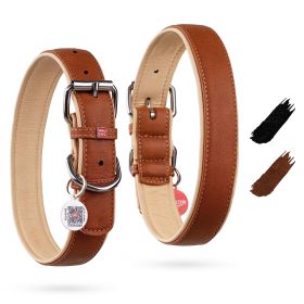 Soft Leather Dog Collar Adjustable Padded Dog Collar for Small Medium and Large Dogs with Durable Buckle and QR Dog Tag, Brown, 15-20 Inch Neck