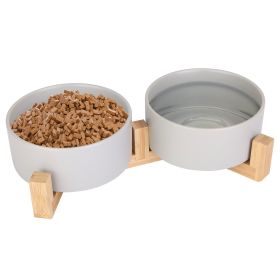 Double Ceramic Pet Bowls with Wooden Stand - Raised Feeder for Small Dogs & Cats (28.7 oz)