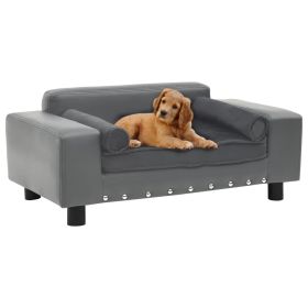 Gray Plush and Faux Leather Dog Sofa - 31.9"x16.9"x12.2"