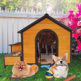 Spacious Wooden Dog House with Built-In Feeding Station and Storage