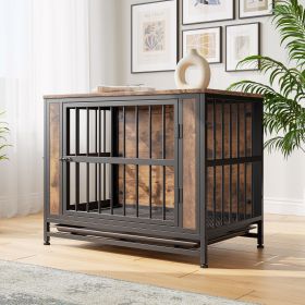 Dog Crate Furniture – Wooden Dog Crate Table with 2 Sliding Doors & Iron Frame (32.8”)