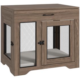 PawHut Dog Crate Furniture with Cushion, Drawer, and 2 Doors, Brown