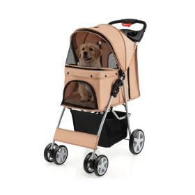 Folding Pet Stroller with Adjustable Canopy and Storage Basket