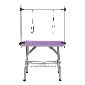 36" Folding Pet Grooming Table with Adjustable Arm & Storage Basket (Purple)