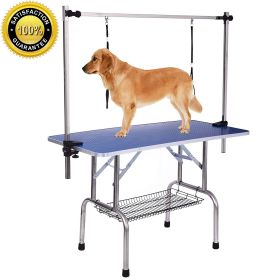 Folding Dog Grooming Table with Adjustable Arm and Blue Rubber Top