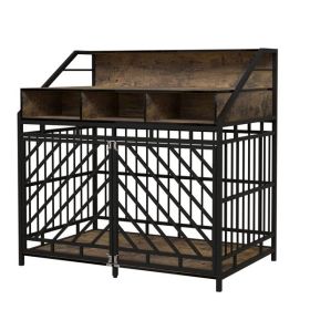 43.3-Inch Wooden Dog Cage Furniture with Divider & Storage Drawers