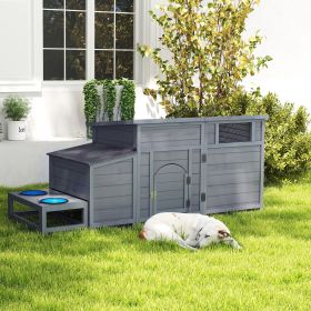 Outdoor Wooden Dog House with Food Bowls, Storage & Openable Roof (Gray)