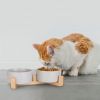 Double Ceramic Pet Bowls with Wooden Stand - Raised Feeder for Small Dogs & Cats (28.7 oz)