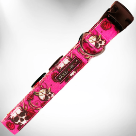 Tattoo Dog Collars (Sie: L 1" width fits 14-25" neck, Color: Pink Skulls n' Roses)