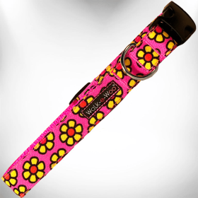 Flower Dog Collars Walk-e-Woo's (Sie: L 1" width fits 14-25" neck, Color: Yellow Daisies on Pink)