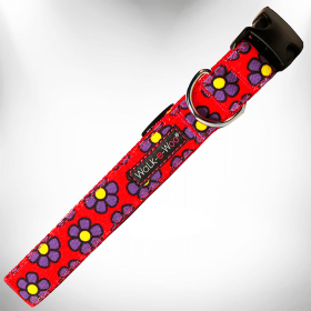 Flower Dog Collars Walk-e-Woo's (Sie: XS 5/8" width fits 8-12" neck, Color: Purple Daisies on Red)