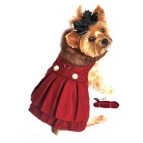 Wool Fur-Trimmed Dog Harness Coat – Burgundy by Doggie Design (Size: X-Small)