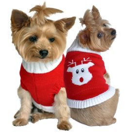 Dog Cable Knit Cotton Sweater – Red Rudolph Holiday (Size: XX-Small)