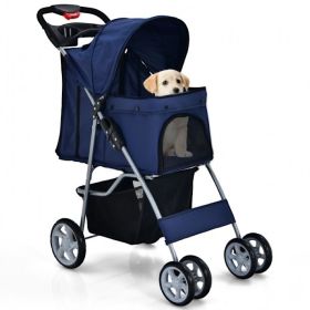 Simple Desight Foldable 4-Wheel Pet Stroller with Storage Basket (Type: Pets, Color: Navy)