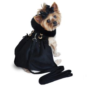 Black Wool Dog Coat Harness – Fur Collar with Matching Leash (Size: X-Large)