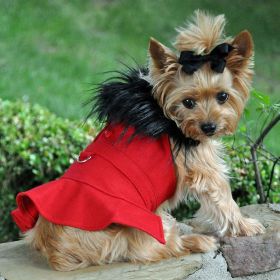 Red Wool Dog Coat Harness – Fur Collar with Matching Leash (Size: X-Large)